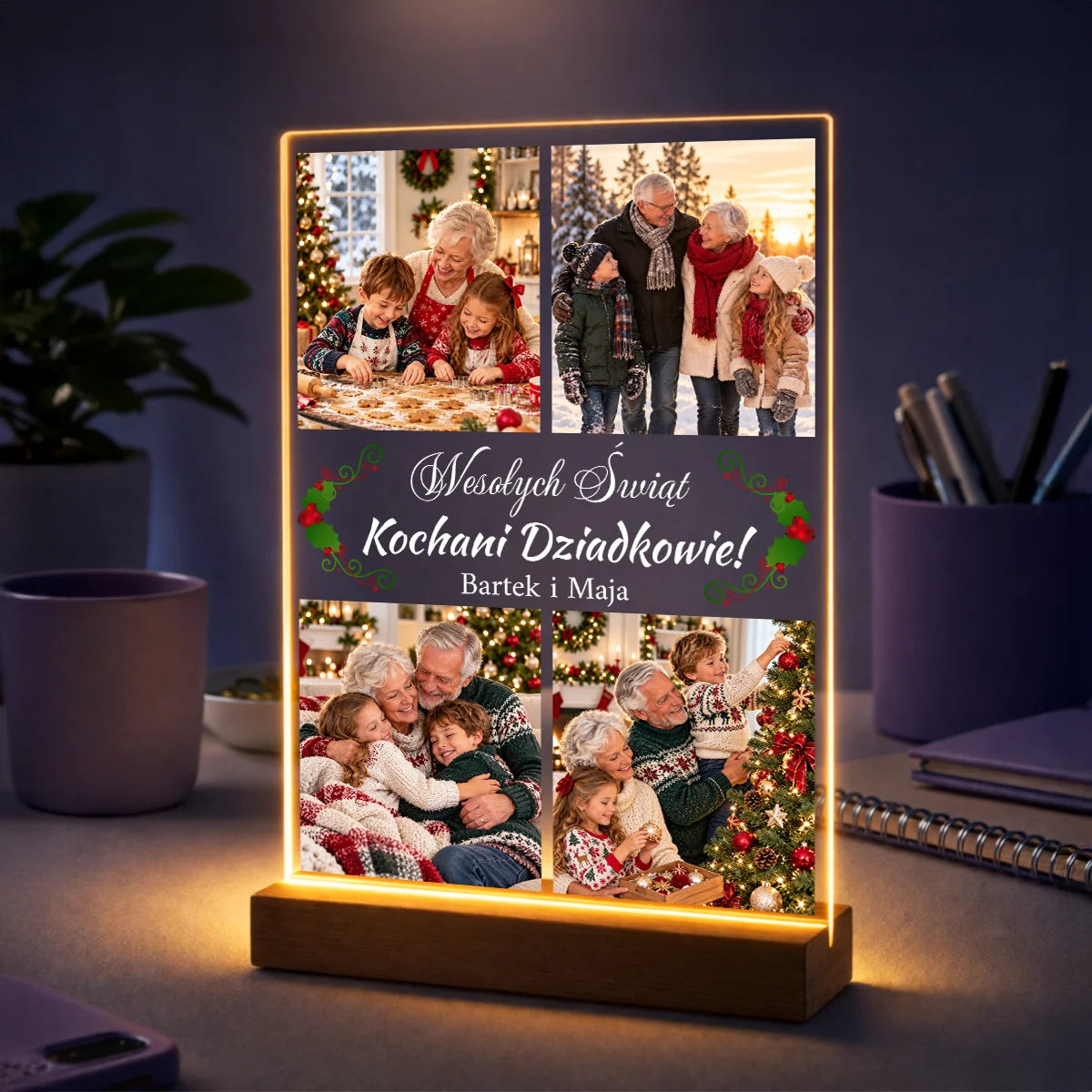 Kolaż 4 zdjęć dziadków z wnukami na szkle akrylowym z życzeniami – prezent dla dziadków na święta