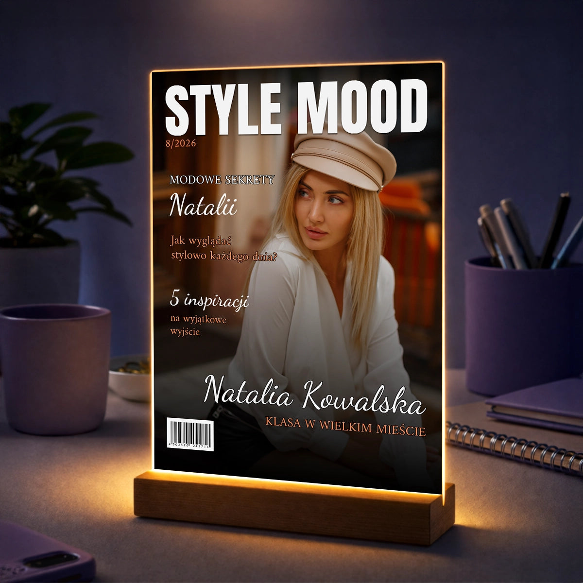 Zdjęcie kobiety na szkle akrylowym w stylu okładki magazynu modowego – prezent dla przyjaciółki