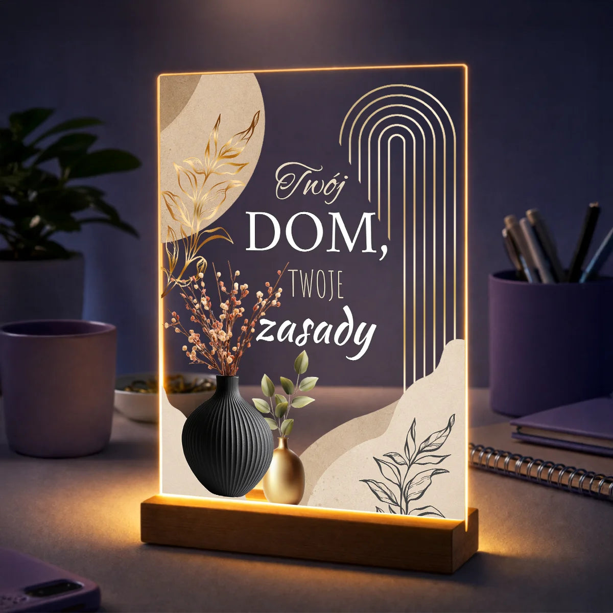 Personalizowane zdjęcie na szkle na parapetówkę z napisem Twój dom, Twoje zasady, własnym zdjęciem i dedykacją