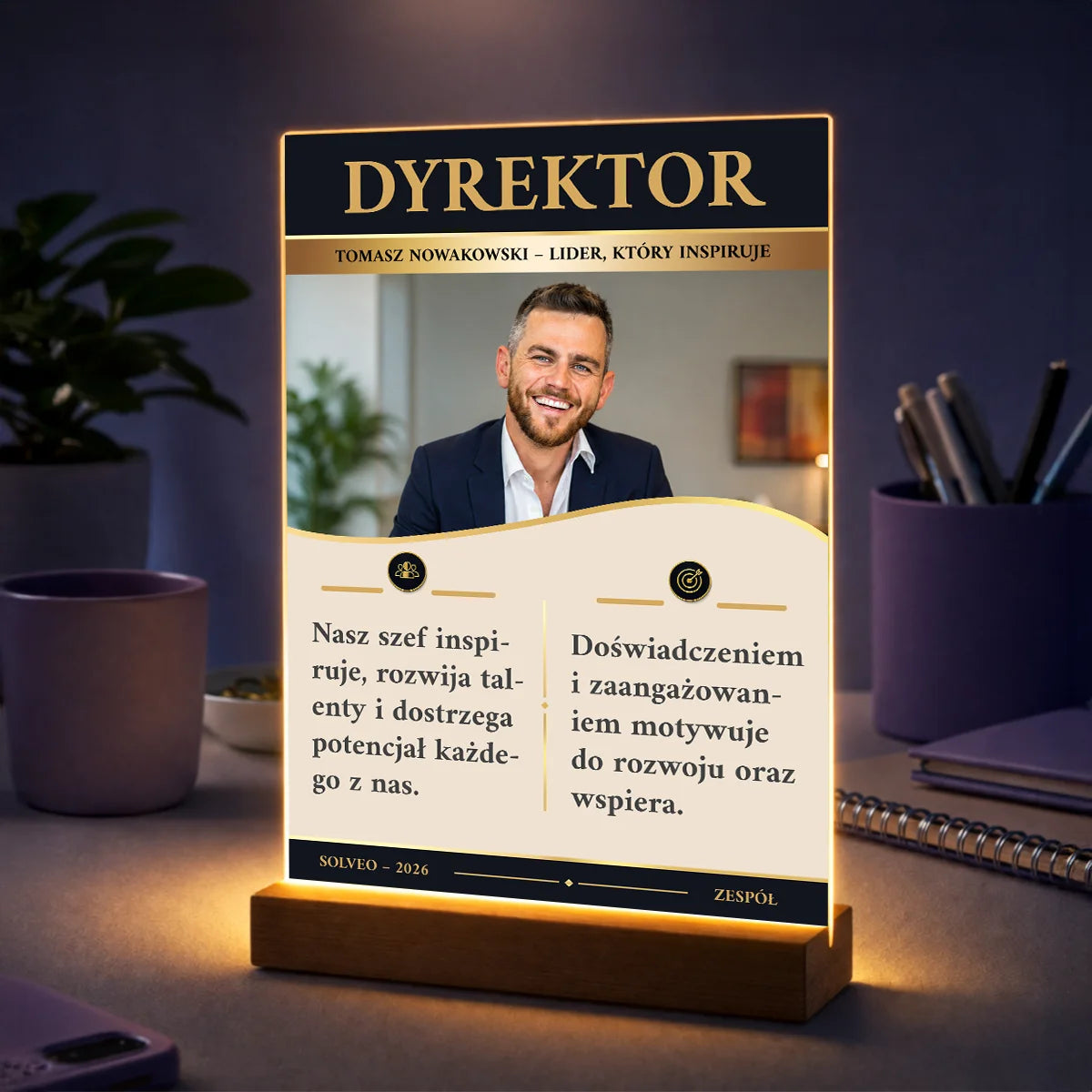 Personalizowane zdjęcie na szkle dla dyrektora od pracowników z fotografią, dedykacją i podziękowaniem za wspólną pracę