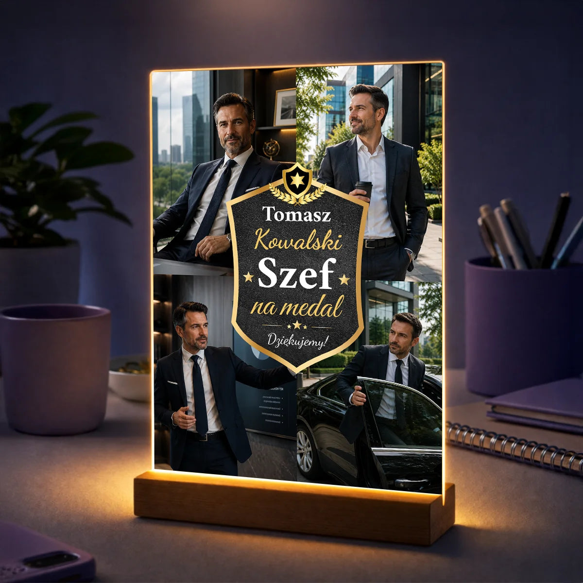 Personalizowane zdjęcie na szkle dla szefa na urodziny z fotografiami zespołu i dedykacją „Najlepszy Szef”