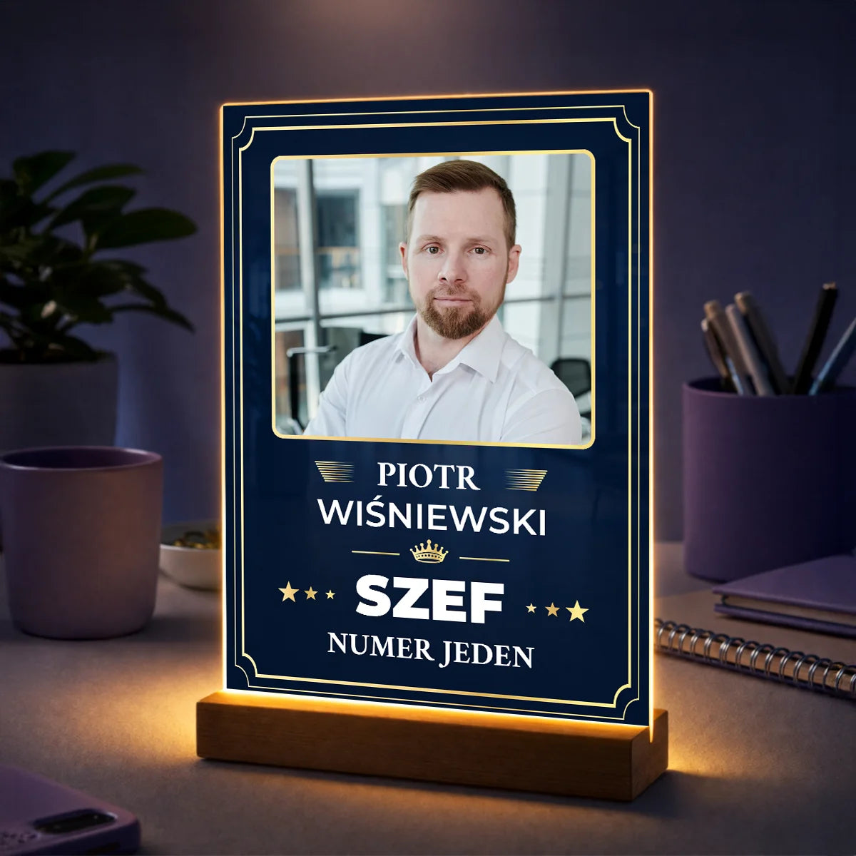 Personalizowane zdjęcie na szkle dla szefa na urodziny z imieniem i napisem „Najlepszy Szef”