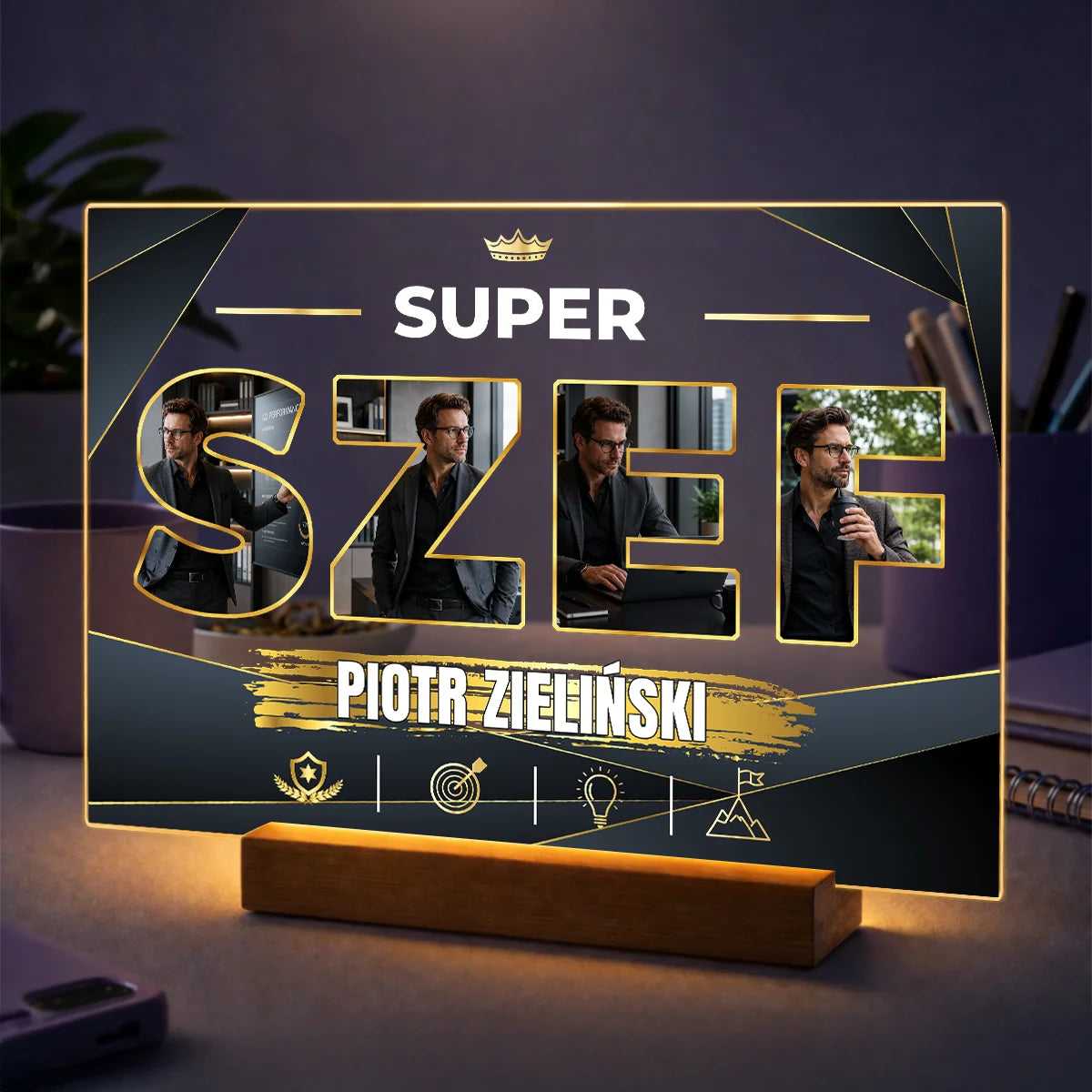 Personalizowane zdjęcie na szkle dla szefa na urodziny z kolażem zdjęć zespołu i dedykacją „Super Szef”