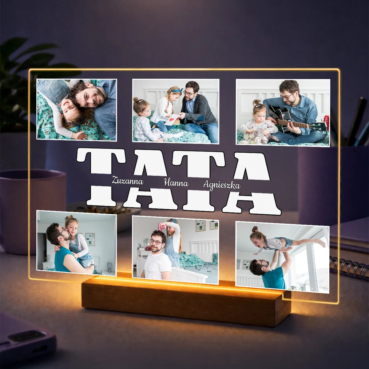 Personalizowany kolaż zdjęć dla taty na szkle akrylowym z napisem TATA i rodzinnymi fotografiami dzieci i wspólnych chwil.
