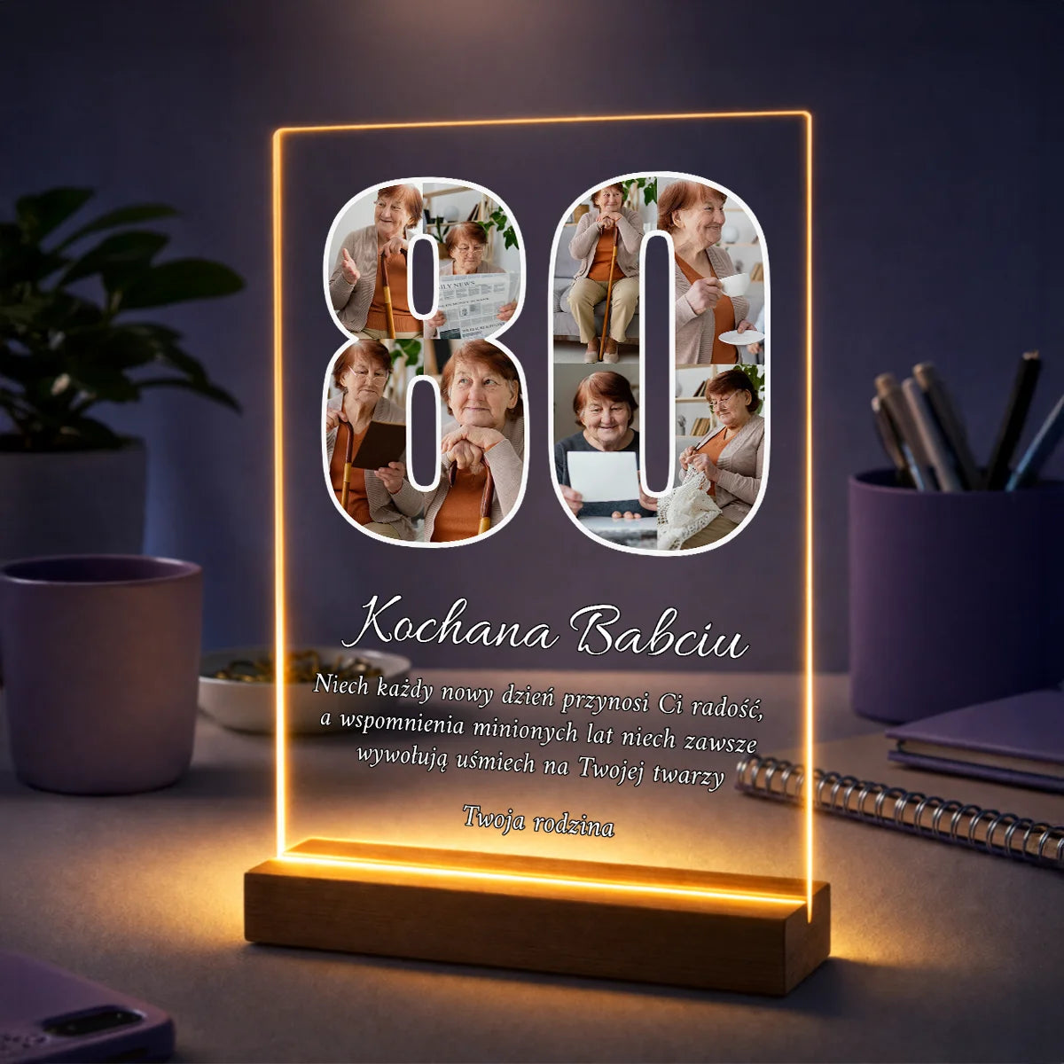 Oryginalny prezent dla babci na 80 urodziny – kolaż ze zdjęć na szkle + tekst na 80.
