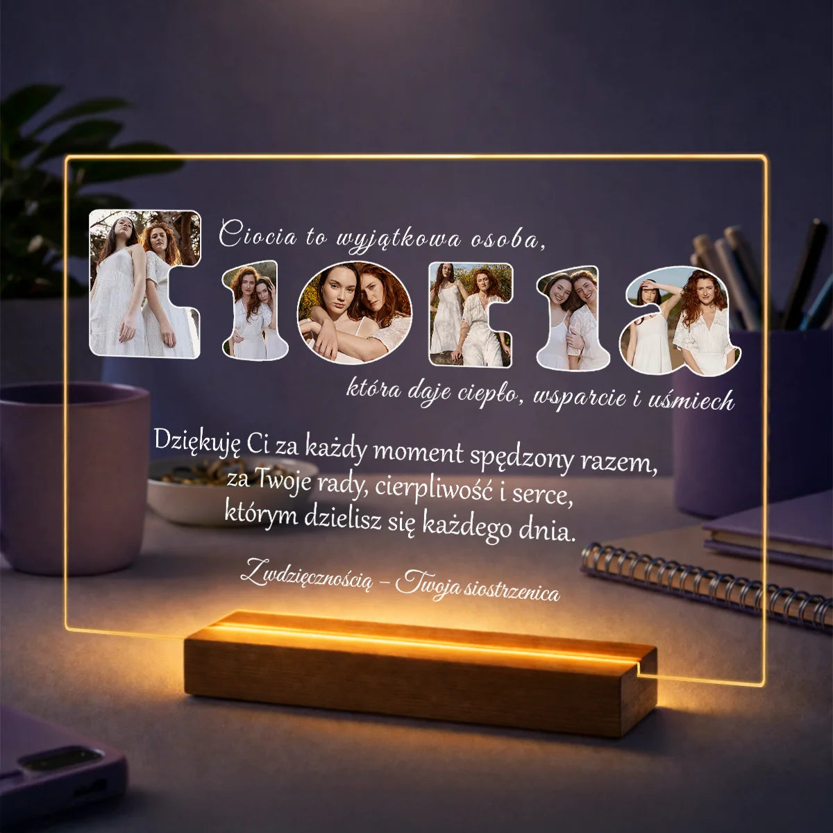 Prezent dla cioci na urodziny – kolaż ze zdjęcia na szkle + z napisami Wyjątkowa Ciocia