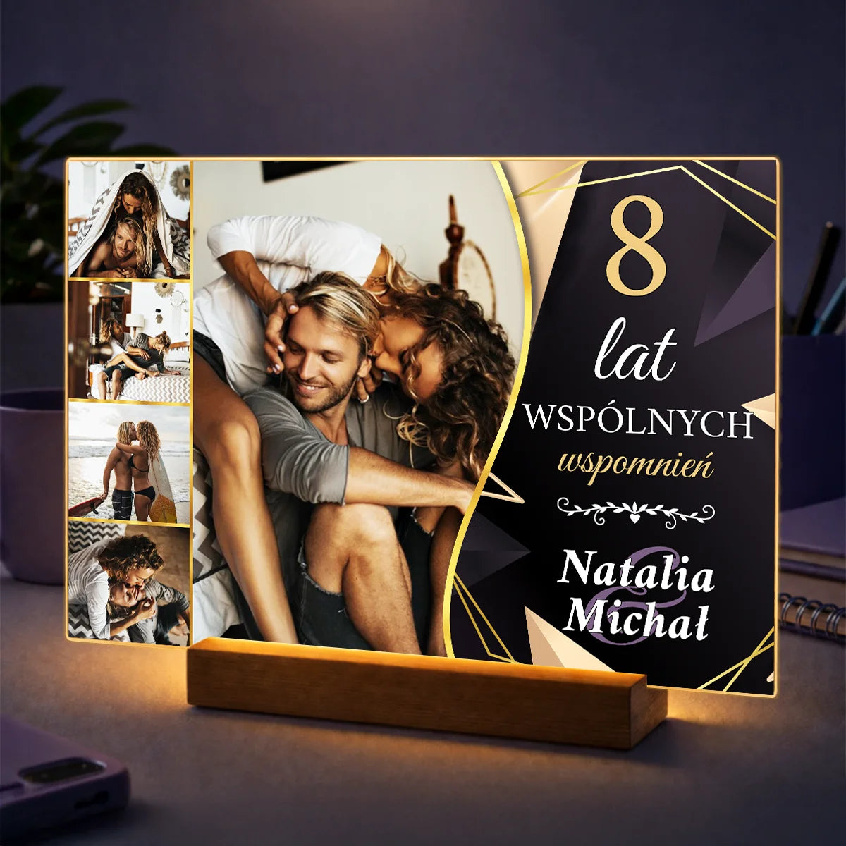Personalizowany kolaż na szkle akrylowym na rocznicę związku z napisem „8 lat wspólnych wspomnień”, imionami pary i wspólnymi zdjęciami