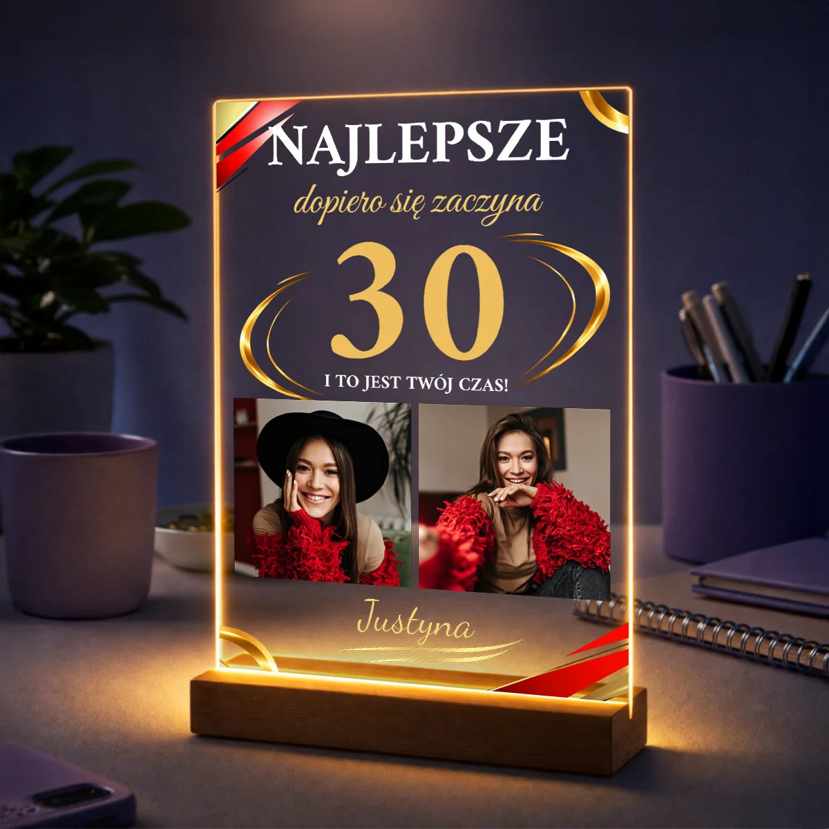 Oryginalny kolaż 2 zdjęć na szkle z napisem Najlepsze dopiero się zaczyna na 30 urodziny