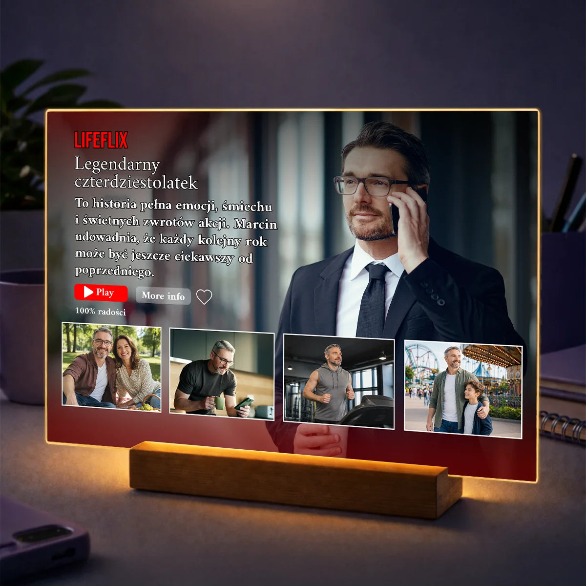 Personalizowany druk w stylu Netflix na szkle akrylowym — prezent dla niego na 40 urodziny ze zdjęciem i tekstem