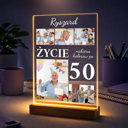 Wyjątkowy prezent dla niego na 50 urodziny – kolaż zdjęć na szkle Życie nabiera kolorów po 50.