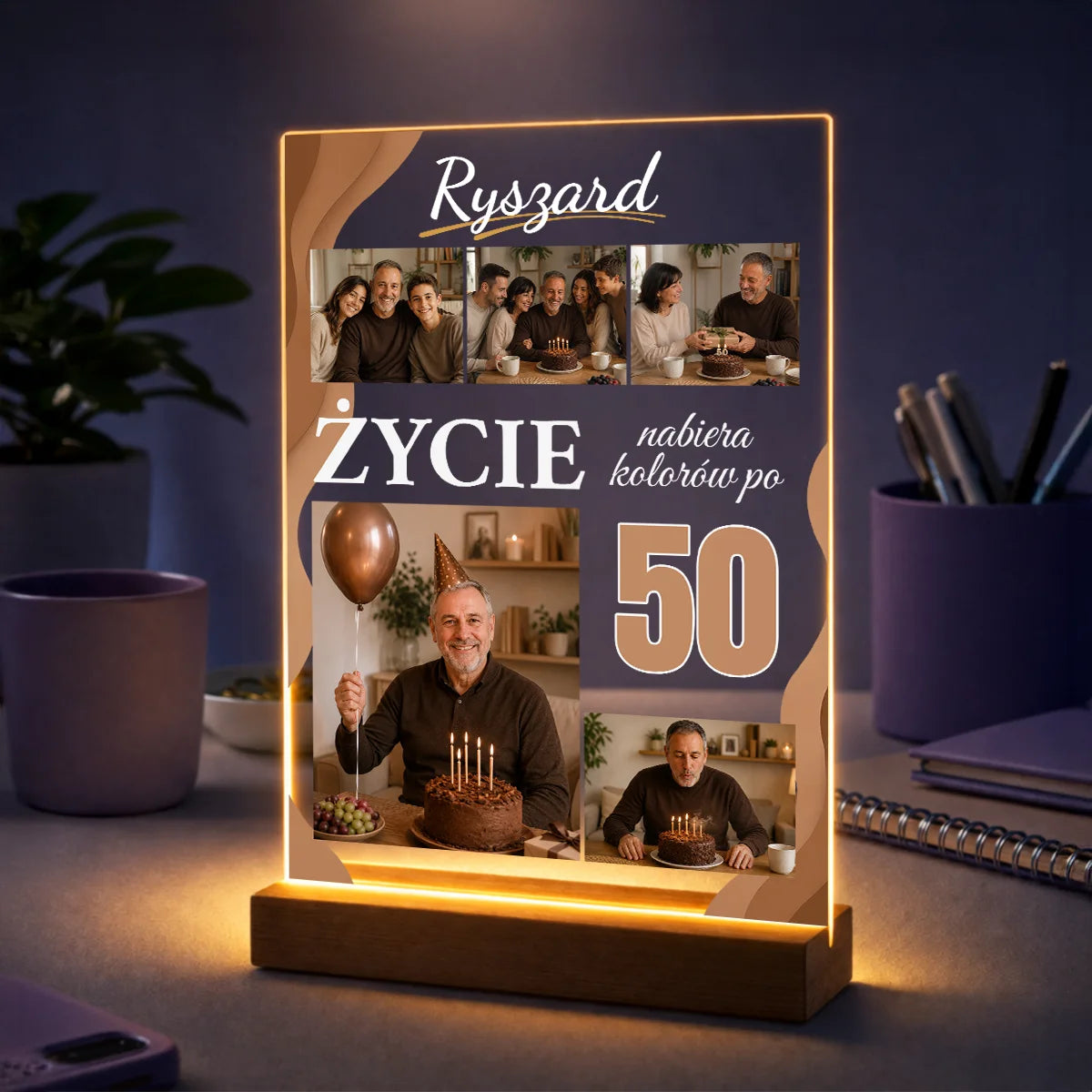 Kolaż zdjęć mężczyzny na szkle akrylowym z cyfrą 50 i nagłówkiem – prezent na 50 urodziny dla niego