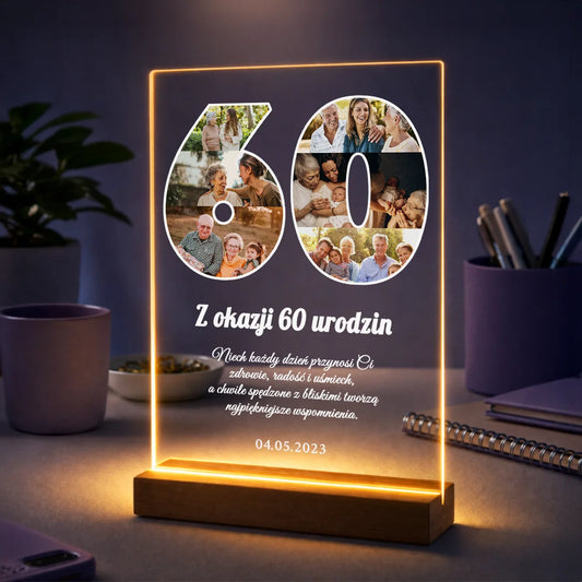 Oryginalny prezent dla kobiety na 60. urodziny – personalizowany kolaż na szkle z życzeniami od bliskich