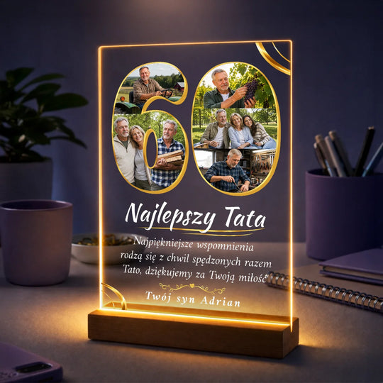 Wyjątkowy prezent dla taty na 60 urodziny – kolaż zdjęć na szkle Najlepsze wspomnienia na 60.