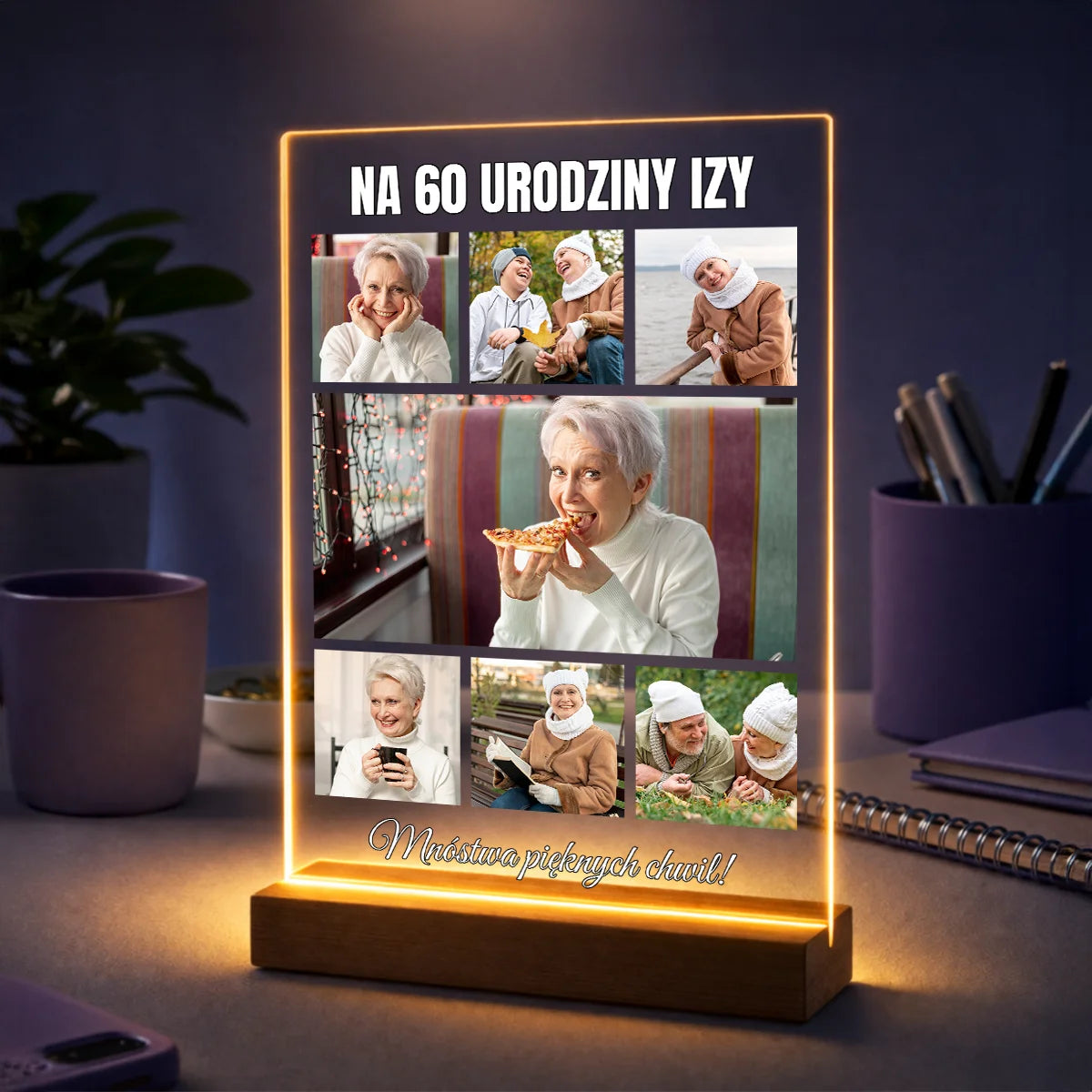 Personalizowany kolaż 5 zdjęć na szkle akrylowym z życzeniami na 60 urodziny dla niej