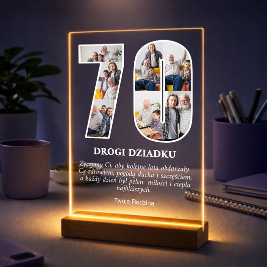 Prezent dla dziadka na 70. urodziny – kolaż zdjęć na szkle w liczbie 70 pamiątka urodzinowa