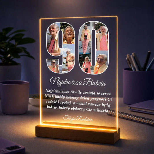 Prezent dla babci na 90. urodziny – kolaż zdjęć na szkle + życzenia 90 lat wspomnień