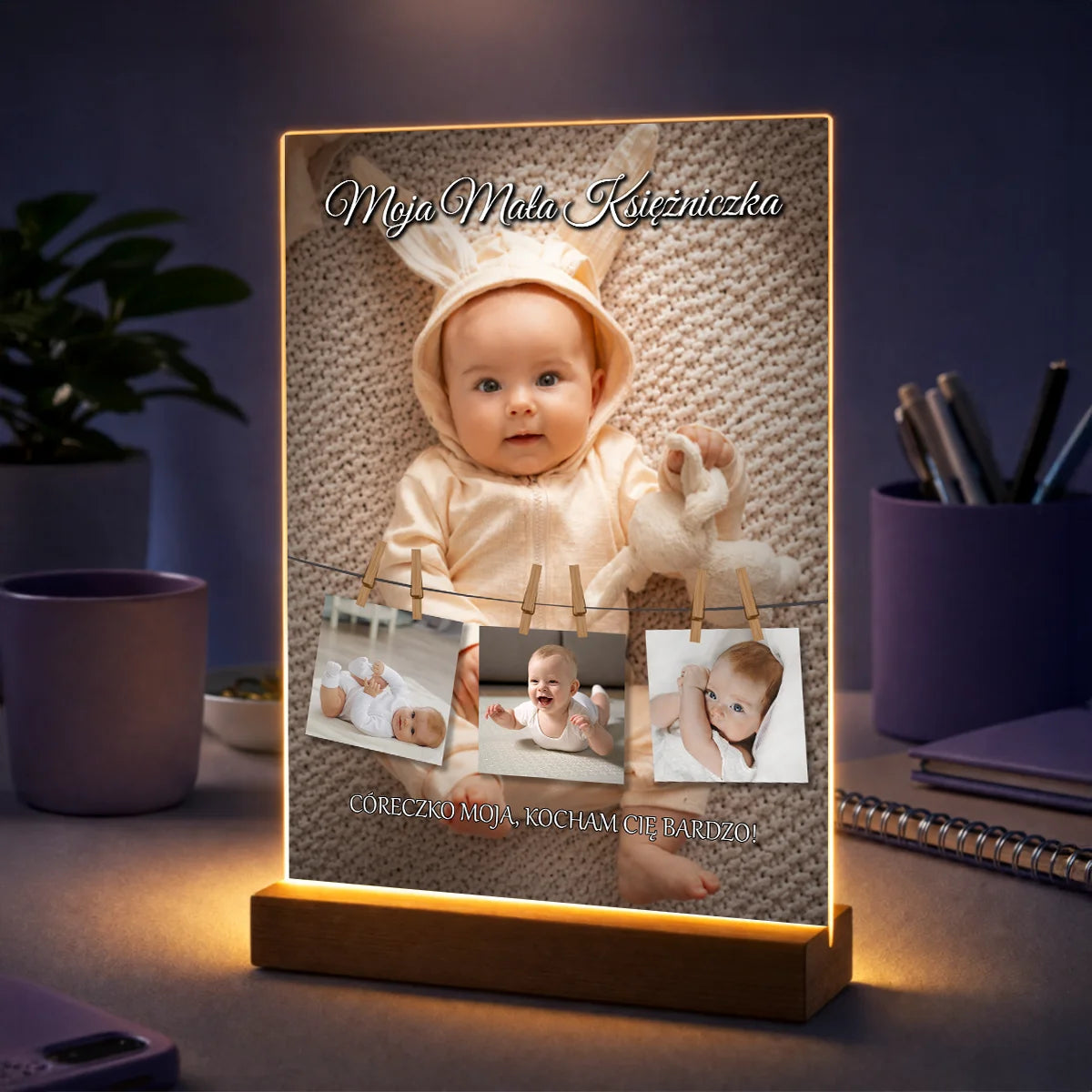 Kolaż zdjęć dziecka na szkle akrylowym z dedykacją i fotografiami niemowlaka, personalizowany prezent
