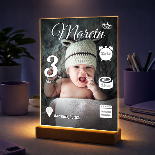Metryczka dziecka na szkle akrylowym ze zdjęciem niemowlaka i danymi narodzin, personalizowany prezent dla rodziców
