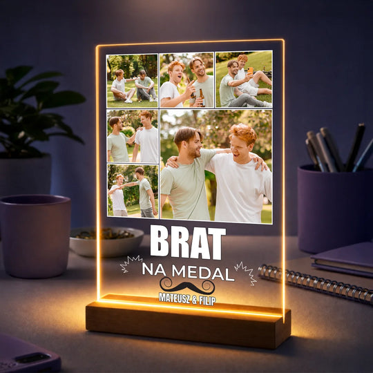 Wyjątkowy prezent dla brata – kolaż zdjęć na szkle Brat na medal