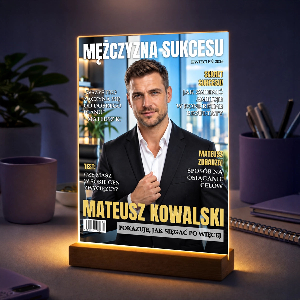 Zdjęcie mężczyzny w stylu okładki magazynu o sukcesie na szkle akrylowym – prezent na awans
