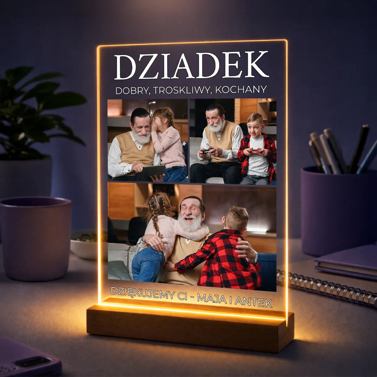 Oryginalny kolaż 3 zdjęć na szkle akrylowym dla dziadka z napisem Dobry Troskliwy Kochany