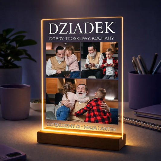 Oryginalny kolaż 3 zdjęć na szkle akrylowym dla dziadka z napisem Dobry Troskliwy Kochany