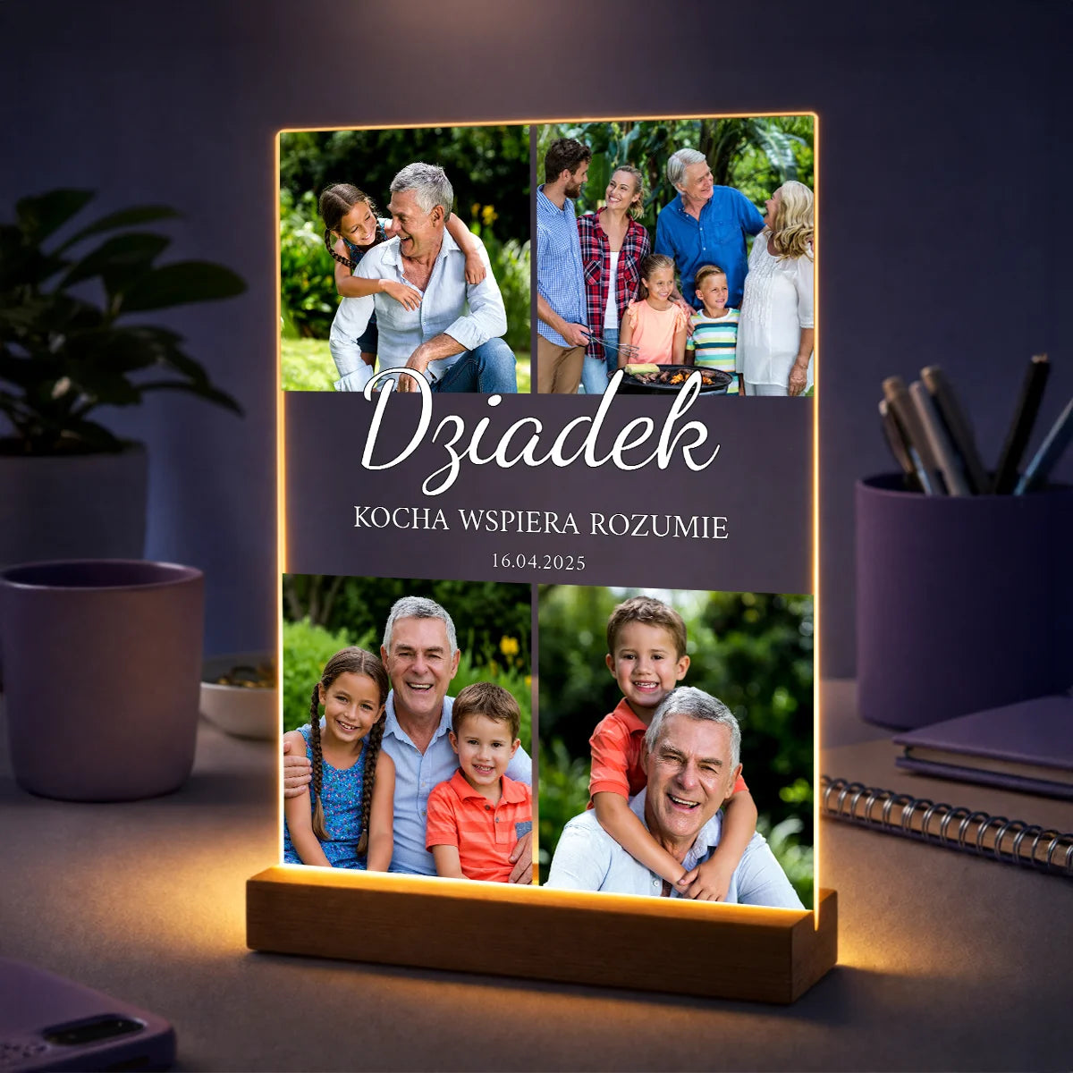 Wyjątkowy kolaż 4 zdjęć na szkle akrylowym dla dziadka z napisem Kocha Wspiera Rozumie
