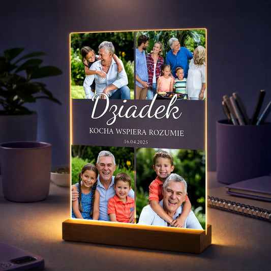 Wyjątkowy kolaż 4 zdjęć na szkle akrylowym dla dziadka z napisem Kocha Wspiera Rozumie