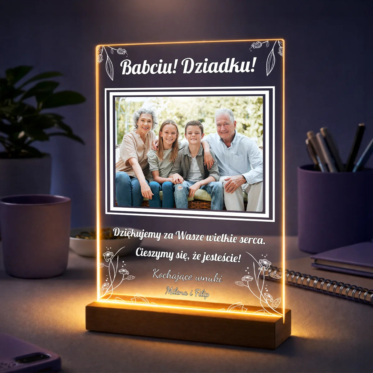 Personalizowany druk ze zdjęcia na szkle akrylowym dla dziadków z napisem Babciu Dziadku Dziękujemy za Wasze wielkie serca i imionami wnuków