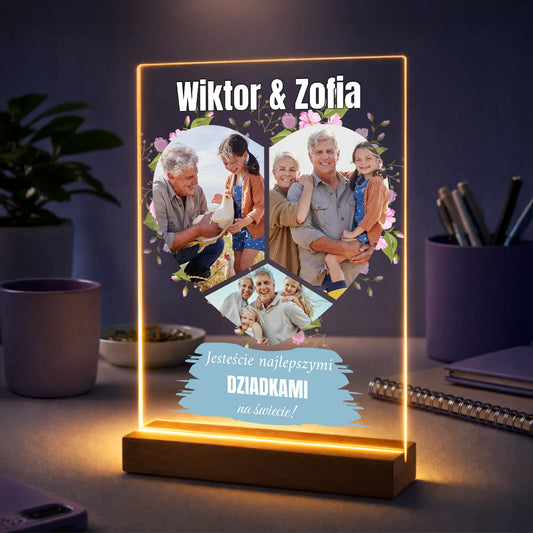 Personalizowany kolaż 3 zdjęć na szkle akrylowym dla dziadków w kształcie serca z imionami i napisem od serca