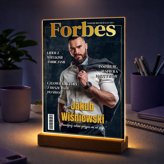 Personalizowane zdjęcie na szkle akrylowym dla mężczyzny ze zdjęcia, okładka magazynu biznesowego w stylu człowieka sukcesu