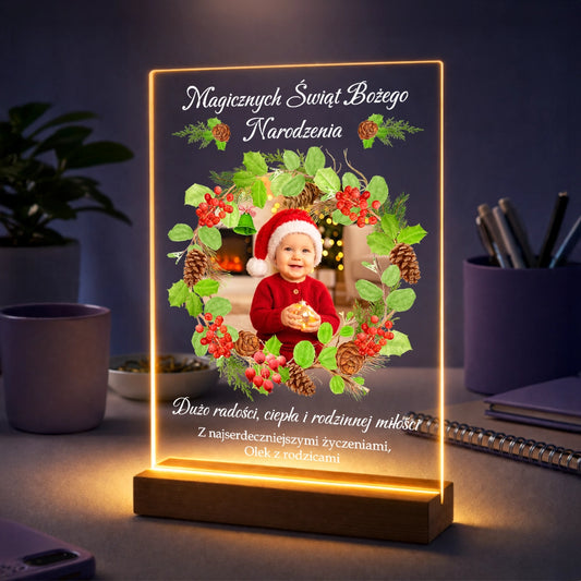 Personalizowany prezent dla dziadków na święta - zdjęcie na szkle z tekstem Magicznych Świąt Bożego Narodzenia