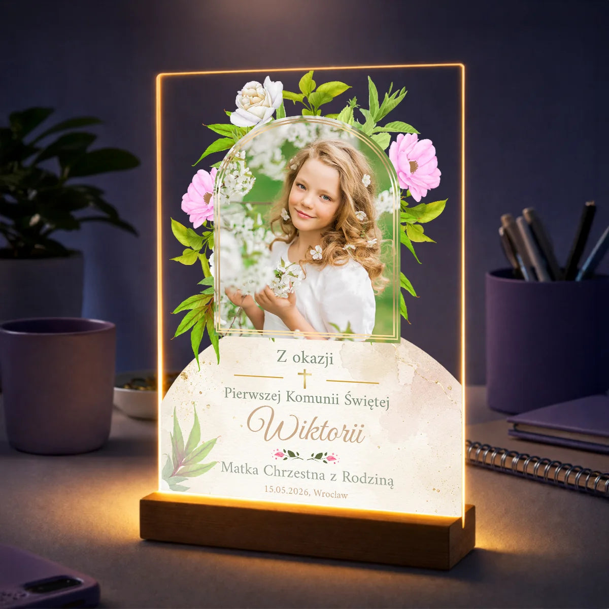 Personalizowane zdjęcie na szkle na Pierwszą Komunię Świętą z fotografią dziewczynki, dedykacją od Ojca Chrzestnego i imieniem