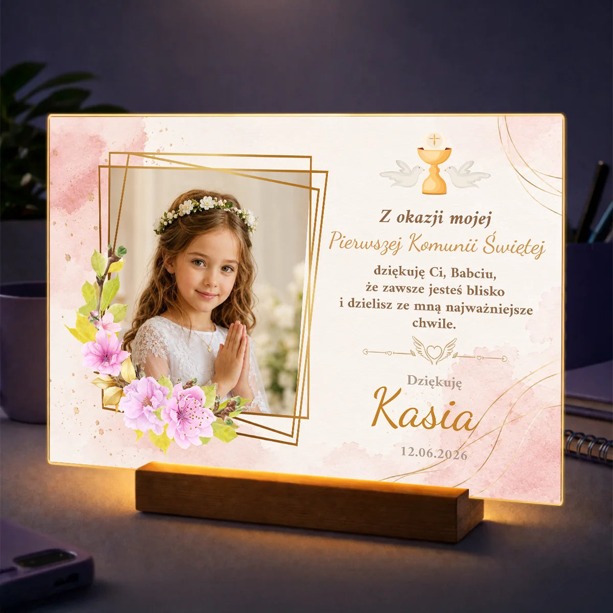 Personalizowane zdjęcie na szkle z podziękowaniem dla Babci na Pierwszą Komunię Świętą, z fotografią dziecka i dedykacją