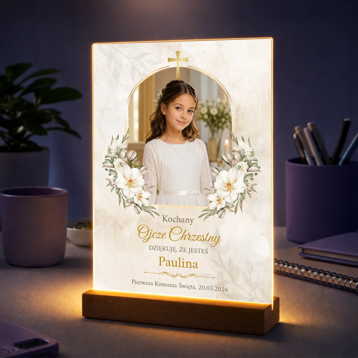 Personalizowane zdjęcie na szkle dla Ojca Chrzestnego z okazji Pierwszej Komunii Świętej z fotografią dziecka i dedykacją