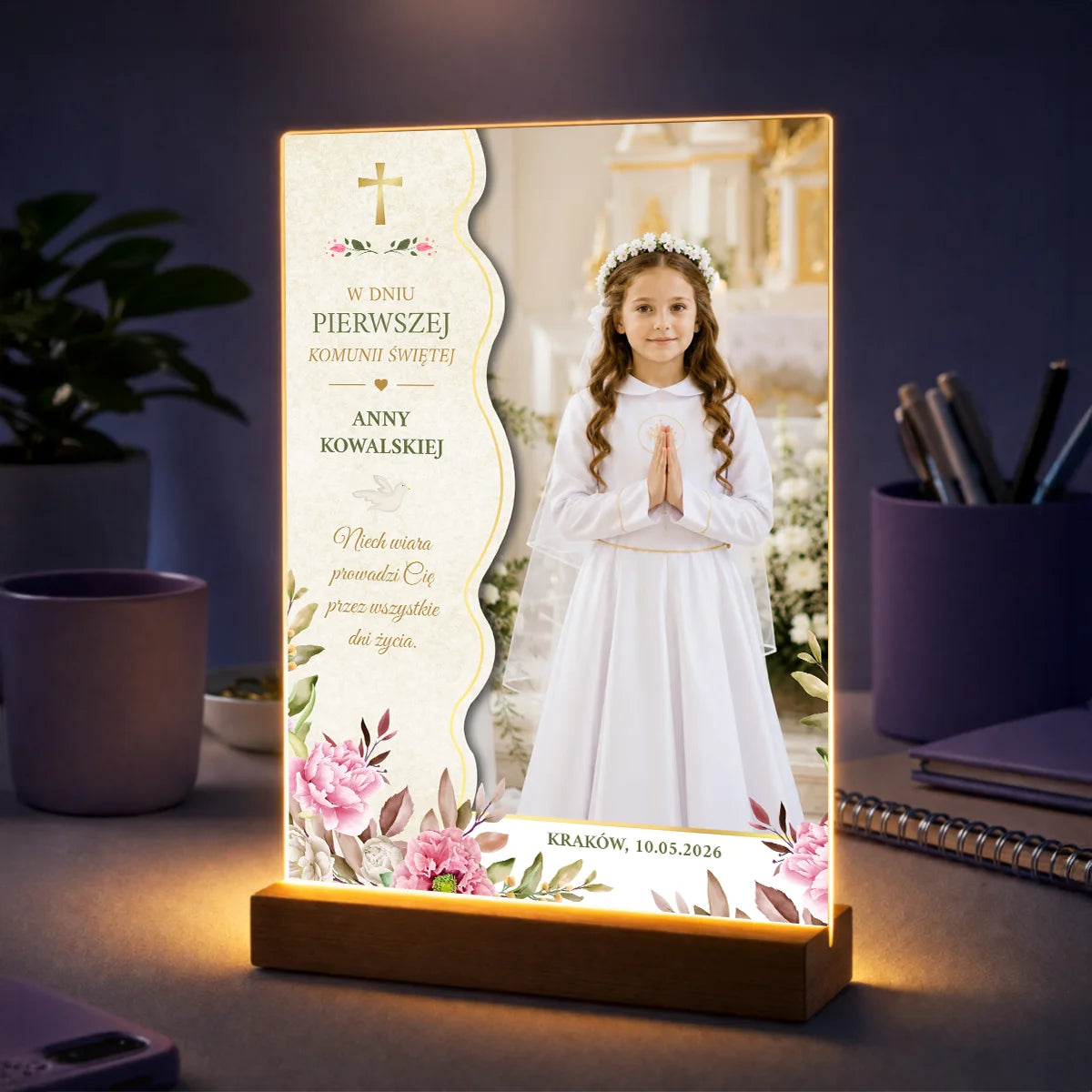 Personalizowane zdjęcie na szkle dla dziewczynki na Pierwszą Komunię Świętą z fotografią, imieniem, datą i dedykacją