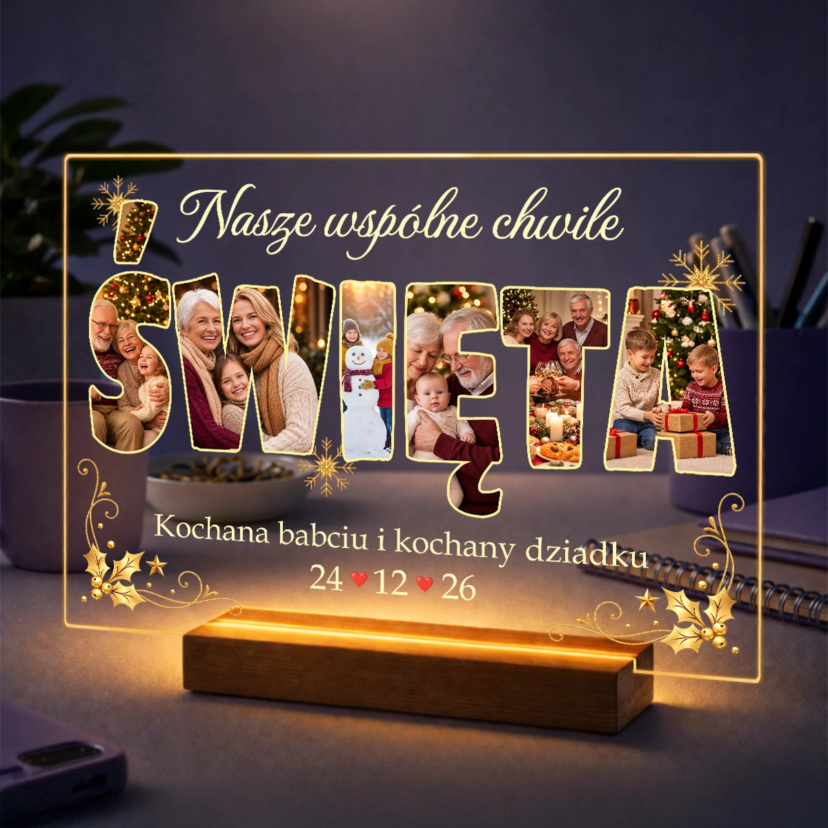 Personalizowany prezent dla dziadków na święta - kolaż na szkle w kształcie napisu ŚWIĘTA z rodzinnymi zdjęciami