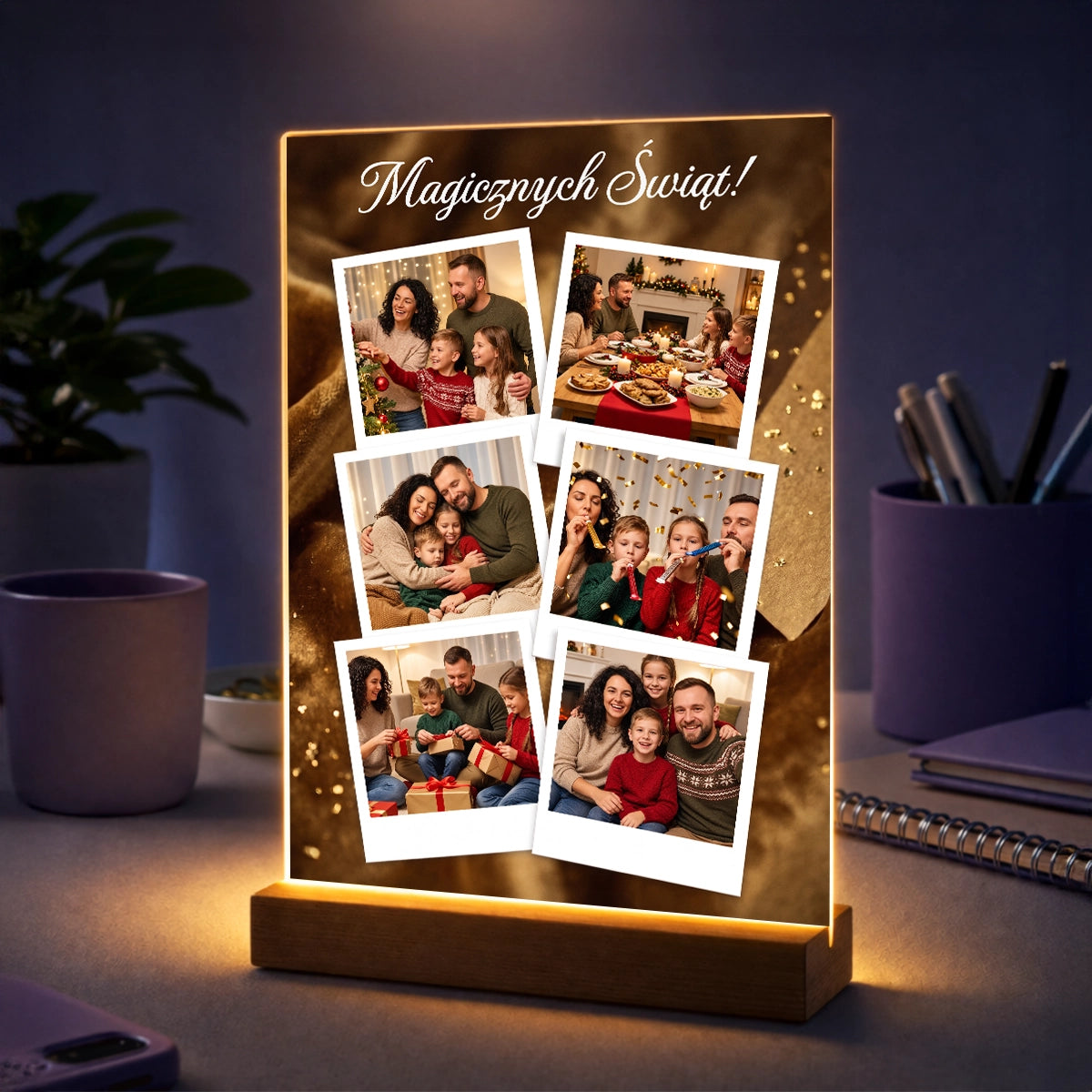 Personalizowany prezent dla rodziny na święta - kolaż na szkle ze świątecznymi zdjęciami rodzinnymi i tekstem Magicznych Świąt