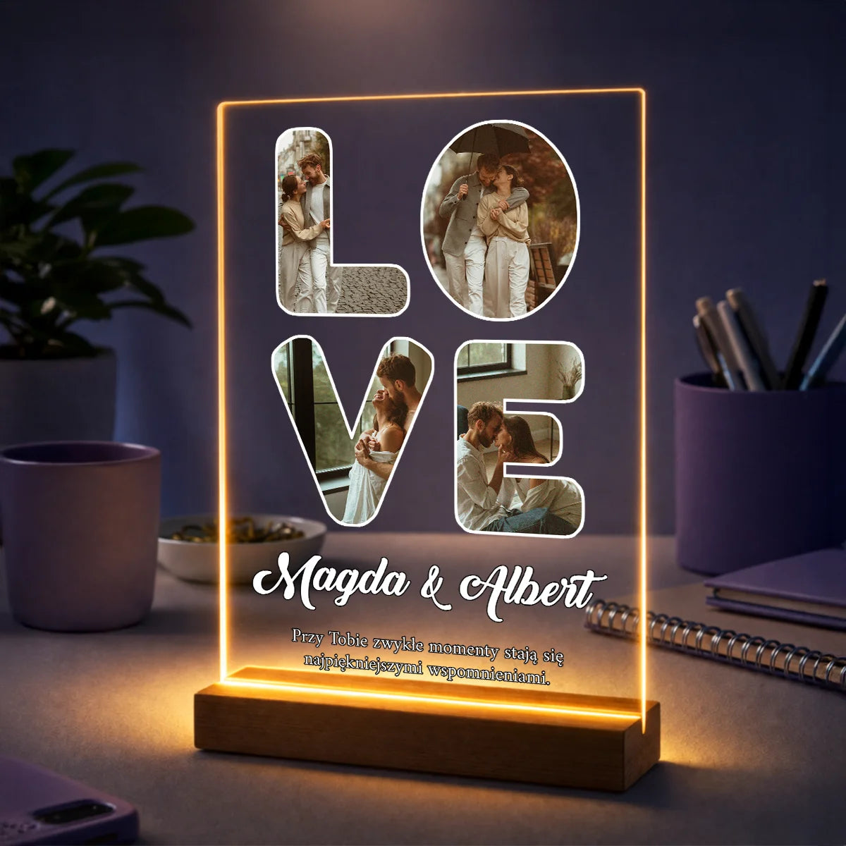 Kolaż LOVE ze zdjęć i z napisem – personalizowany druk na szkle dla pary