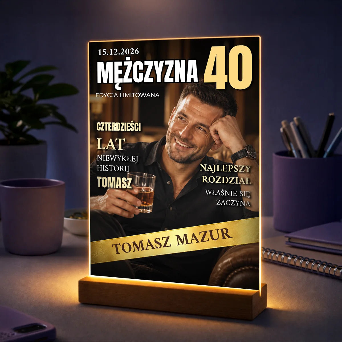 Zdjęcie mężczyzny na szkle akrylowym z cyfrą 40 i żartobliwym tekstem – prezent na 40 urodziny dla niego