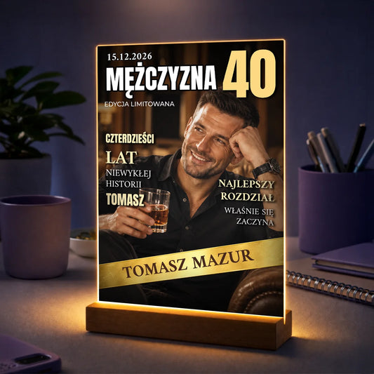 Zdjęcie mężczyzny na szkle akrylowym z cyfrą 40 i żartobliwym tekstem – prezent na 40 urodziny dla niego