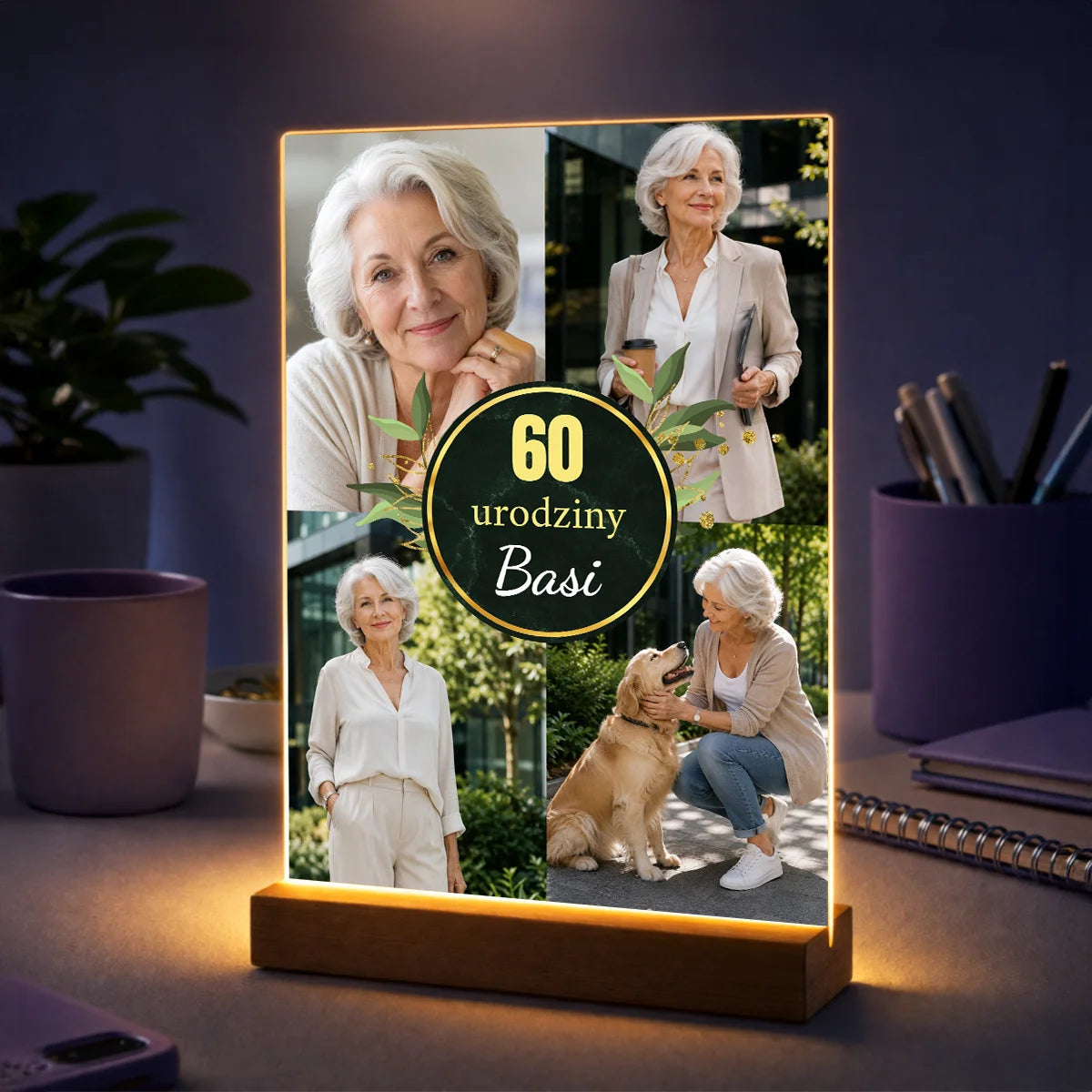 Personalizowany kolaż na szkle akrylowym na 60 urodziny z czterema zdjęciami, napisem oraz imieniem solenizantki