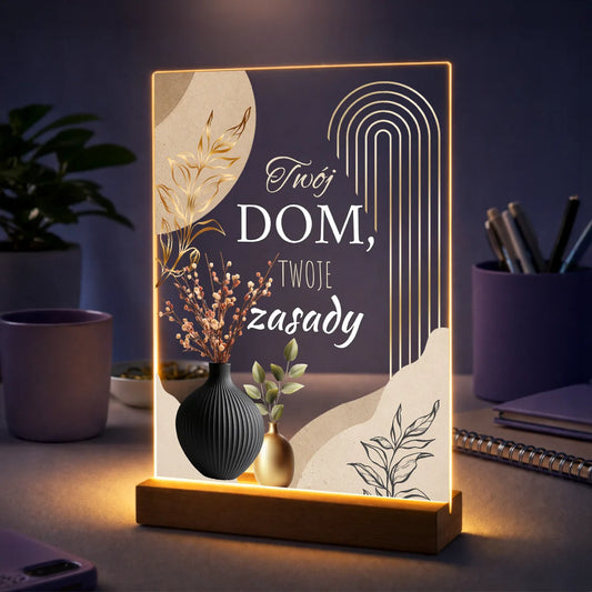 Personalizowane zdjęcie na szkle na parapetówkę z napisem Twój dom, Twoje zasady, własnym zdjęciem i dedykacją