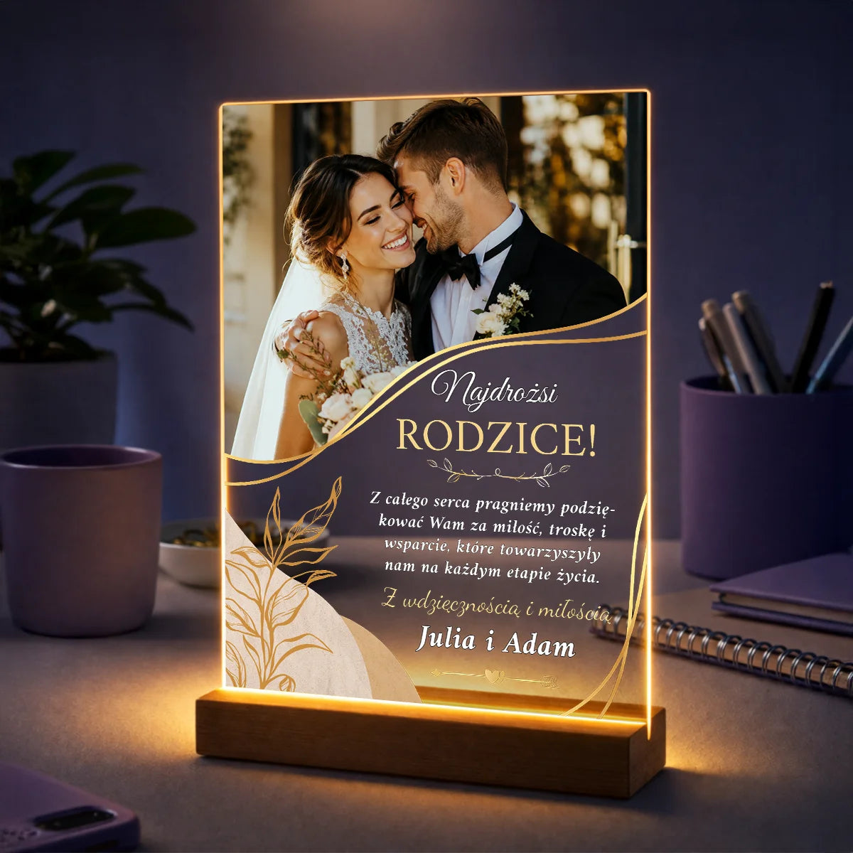 Personalizowane podziękowanie dla rodziców na szkle akrylowym ze zdjęciem i dedykacją od Pary Młodej