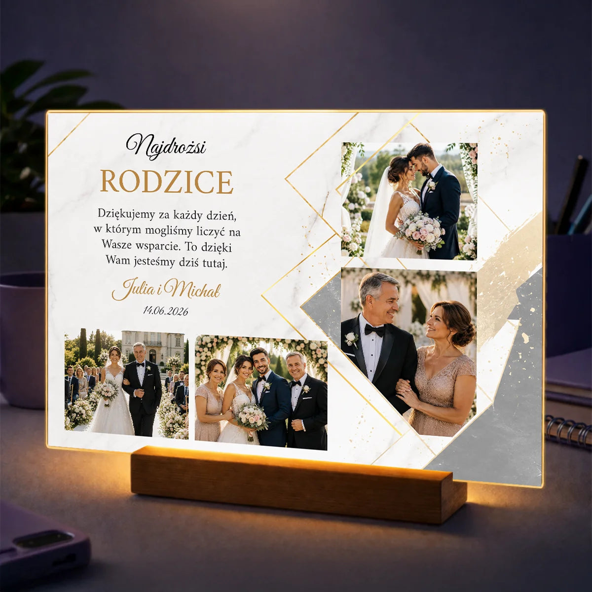 Oryginalny kolaż zdjęć na szkle dla rodziców z napisem Dzięki Wam jesteśmy tu