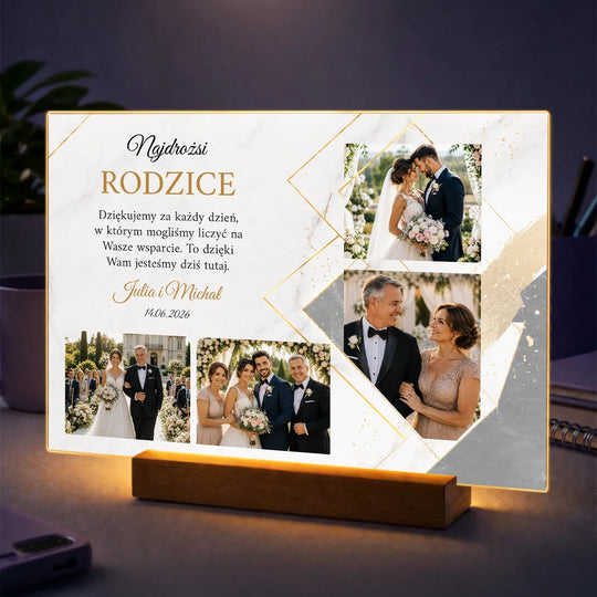Oryginalny prezent dla rodziców na ślub – kolaż zdjęć na szkle Dzięki Wam jesteśmy tu