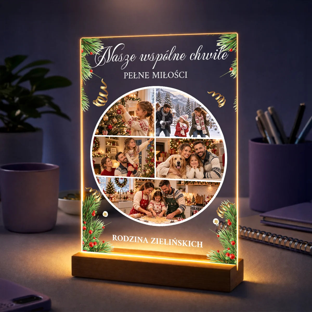 Personalizowany prezent dla rodziny na Boże Narodzenie - kolaż na szkle ze świątecznymi zdjęciami i tekstem Nasze wspólne chwile