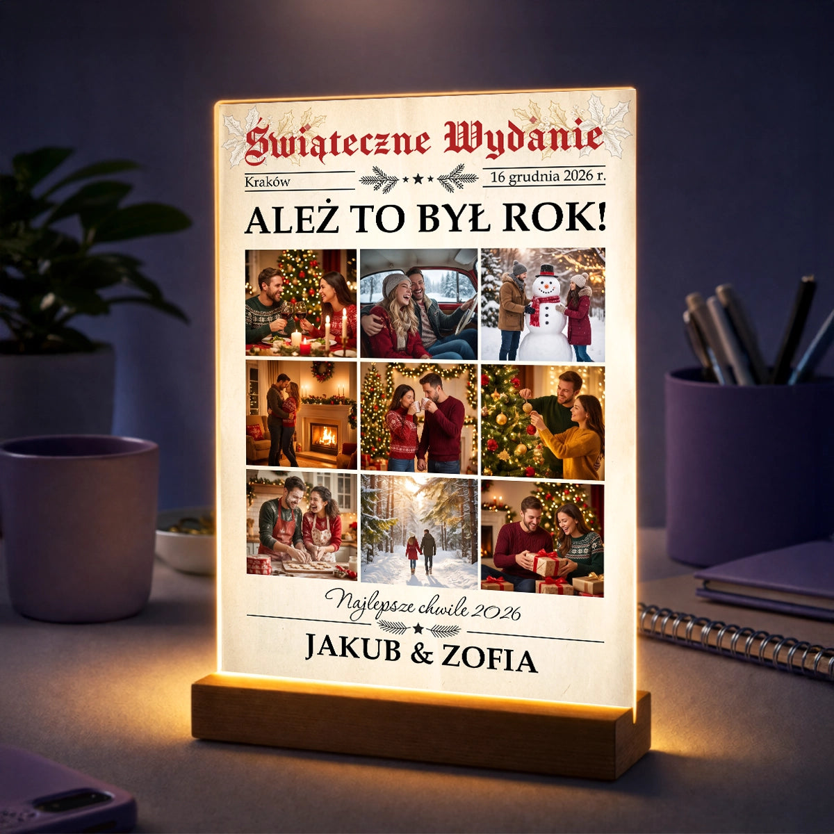 Kolaż zdjęć pary w stylu pierwszej strony gazety na szkle akrylowym z napisem Ależ to był rok – prezent na święta