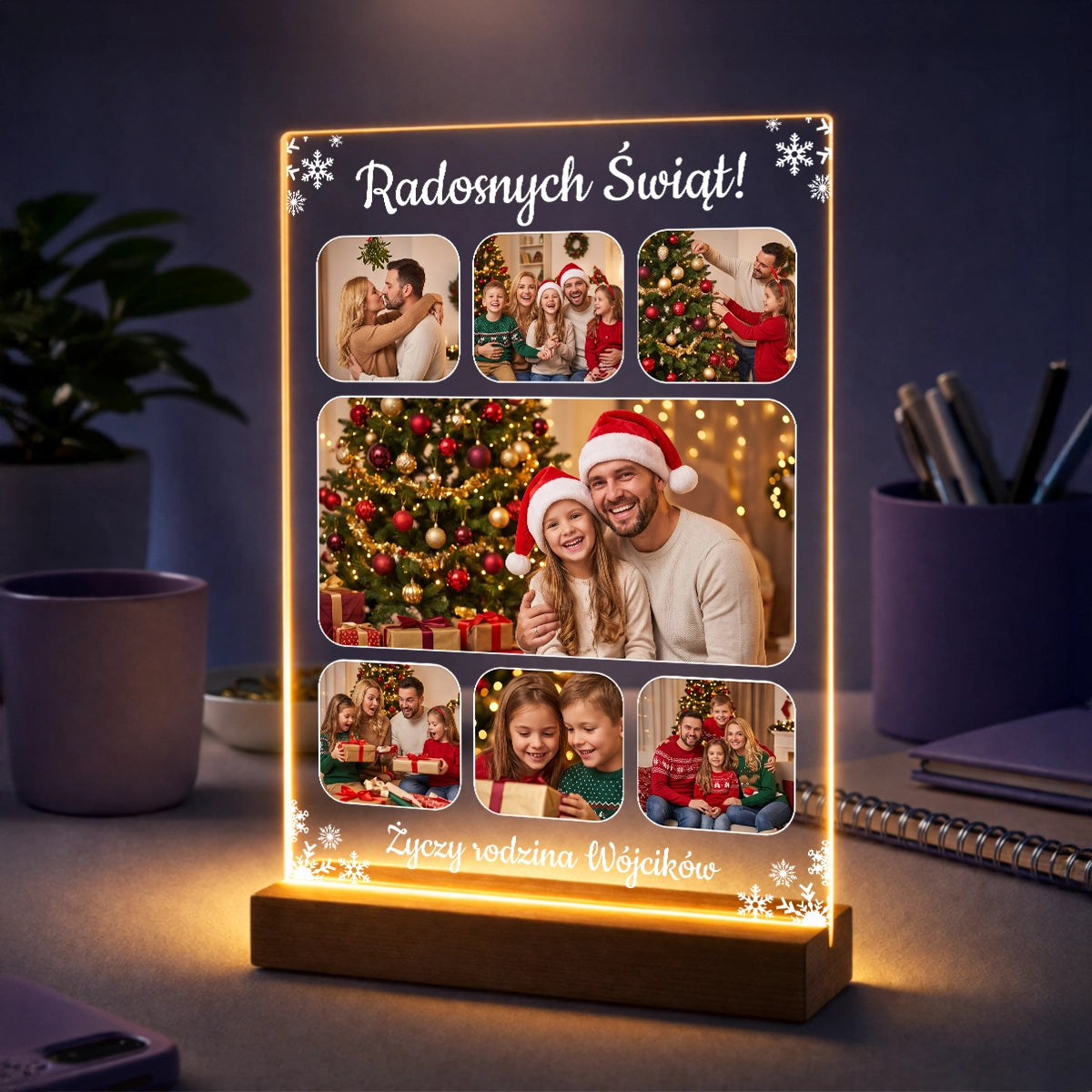 Świąteczny fotokolaż dla pary ze wspólnymi zdjęciami i personalizowanym podpisem na szkle akrylowym.