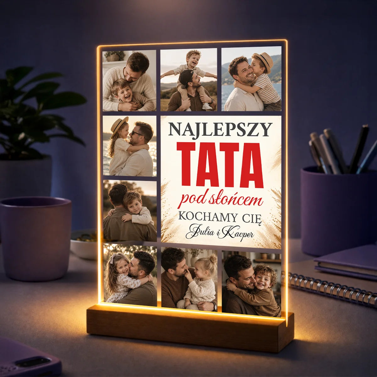 Kolaż rodzinnych zdjęć taty z dziećmi na szkle akrylowym z napisem – prezent na Dzień Ojca